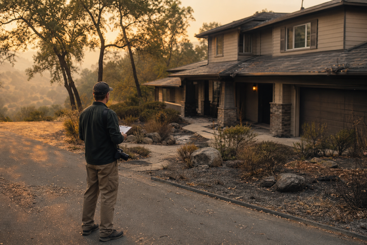 A standing home in wildfire country with a homeowner documenting smoke residue after a fire.