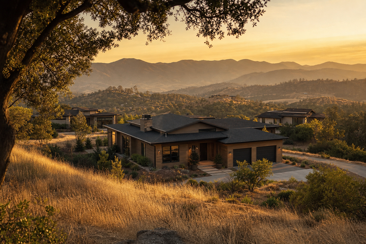 A modern hardened home in a dry Western landscape at golden hour, showing wildfire-ready details and neighboring parcel context.