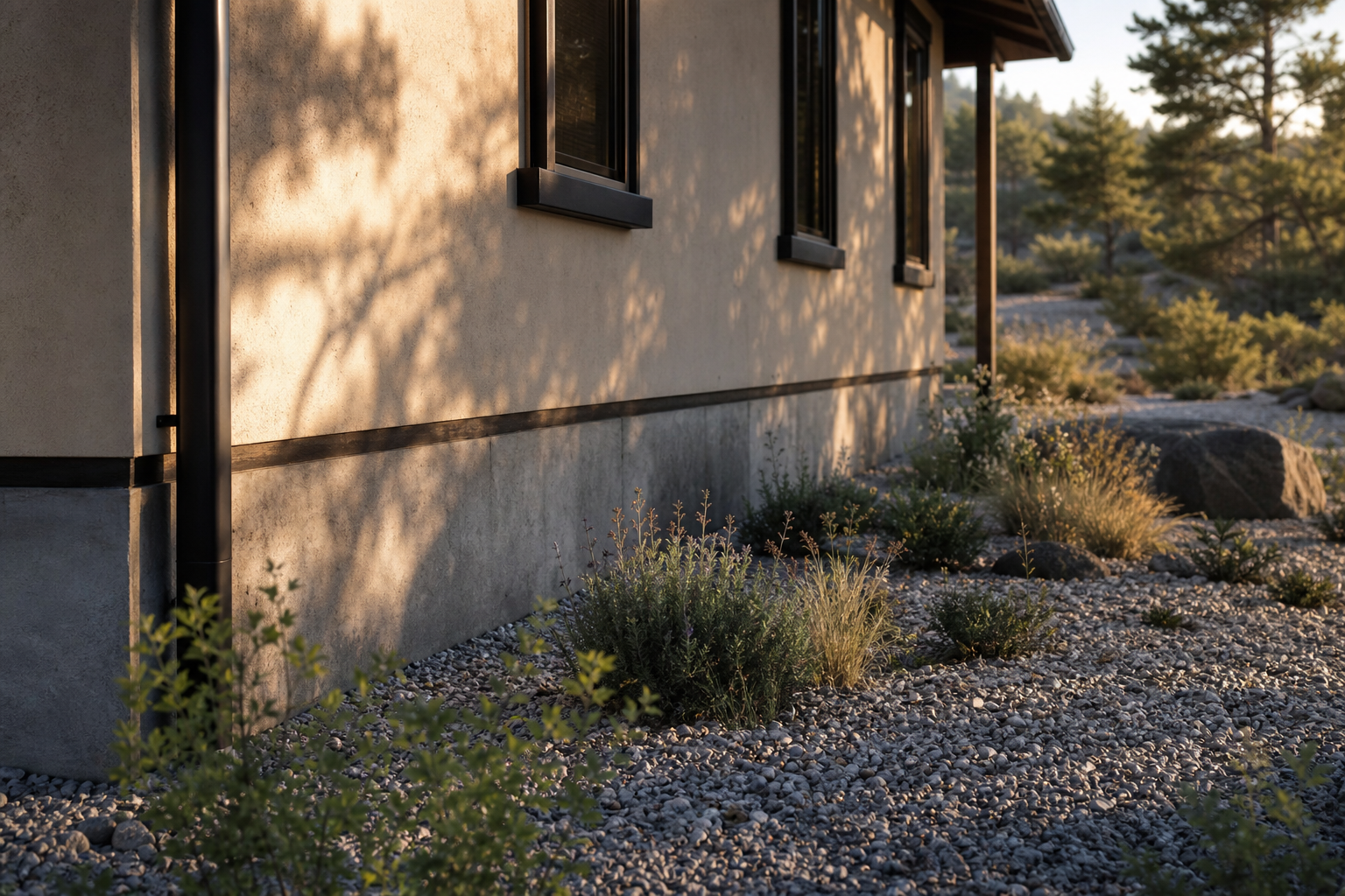 A hardened home with a sparse, well-spaced planting bed and no combustible items immediately beside the structure.