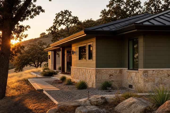 A hardened home at golden hour with clean roof edges, screened vents, and a noncombustible perimeter.