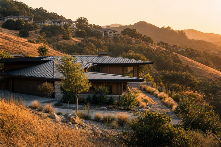 A California home at golden hour with visible wildfire hardening features and cleared defensible space.