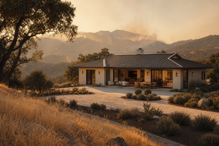 A hardened California home sits in a dry landscape at golden hour with visible wildfire-mitigation features.