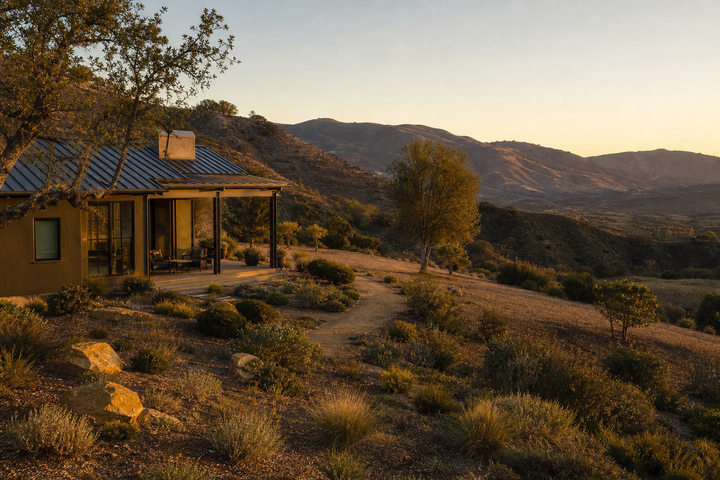 A hillside home with well-maintained defensible space and spaced vegetation at golden hour.