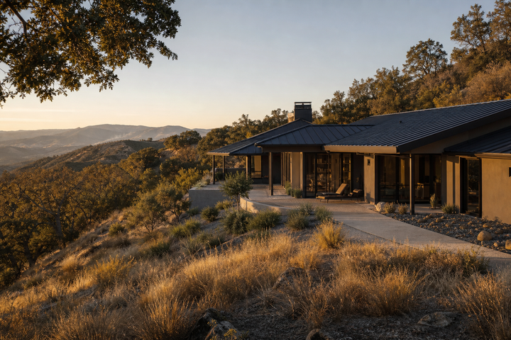 A hardened home in a Western landscape at golden hour with dry grasses, oak trees, and visible wildfire-mitigation details.