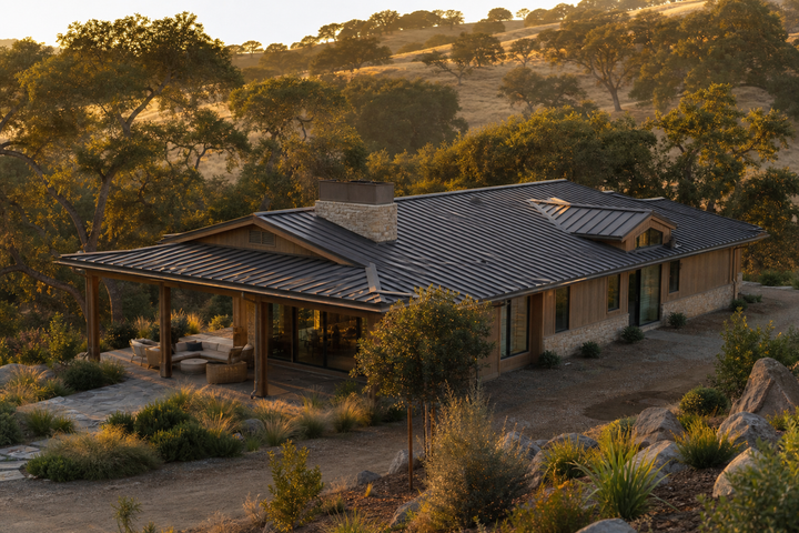 A hardened California home in a dry hillside setting at golden hour.