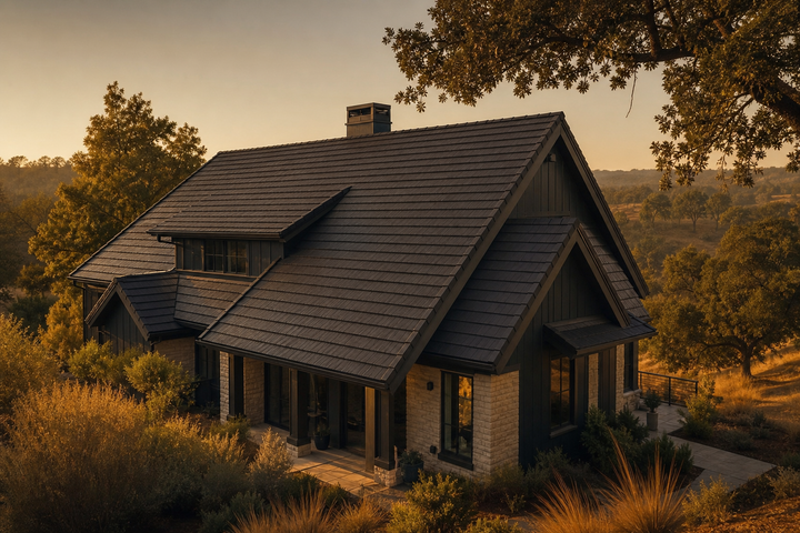 A modern home in warm golden-hour light with a wildfire-resilient roof above dry grasses and oak trees.